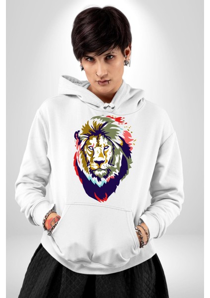 Kahin Rengarenk Havalı Aslan Kadın Erkek Baskılı Üç Iplik Beyaz Kapüşonlu Hodie Sweatshirt fiyatları