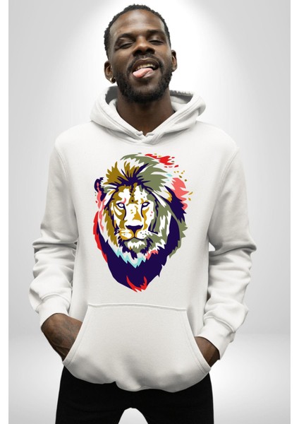 Kahin Rengarenk Havalı Aslan Kadın Erkek Baskılı Üç Iplik Beyaz Kapüşonlu Hodie Sweatshirt modelleri