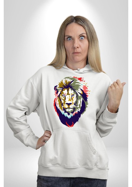 Kahin Rengarenk Havalı Aslan Kadın Erkek Baskılı Üç Iplik Beyaz Kapüşonlu Hodie Sweatshirt fırsatları
