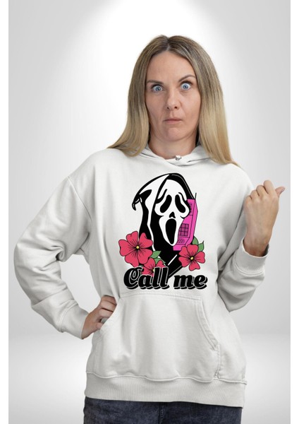 Ara Beni Çığlık Karakteri Kadın Erkek Baskılı Üç Iplik Beyaz Kapüşonlu Hodie Sweatshirt