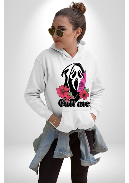 Ara Beni Çığlık Karakteri Kadın Erkek Baskılı Üç Iplik Beyaz Kapüşonlu Hodie Sweatshirt indirimleri