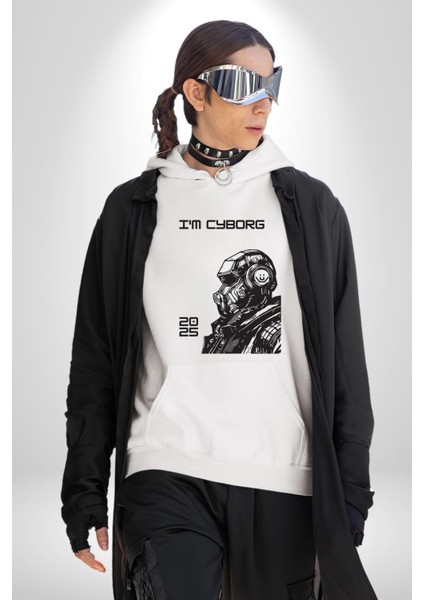 Ben Cyborgum Modern Tasarım Kadın Erkek Baskılı Üç Iplik Beyaz Kapüşonlu Hodie Sweatshirt