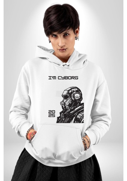 Ben Cyborgum Modern Tasarım Kadın Erkek Baskılı Üç Iplik Beyaz Kapüşonlu Hodie Sweatshirt fiyatları