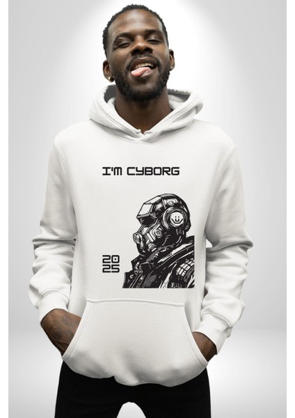 Ben Cyborgum Modern Tasarım Kadın Erkek Baskılı Üç Iplik Beyaz Kapüşonlu Hodie Sweatshirt modelleri