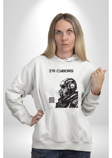 Ben Cyborgum Modern Tasarım Kadın Erkek Baskılı Üç Iplik Beyaz Kapüşonlu Hodie Sweatshirt fırsatları