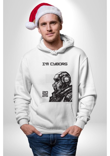 Ben Cyborgum Modern Tasarım Kadın Erkek Baskılı Üç Iplik Beyaz Kapüşonlu Hodie Sweatshirt indirimleri