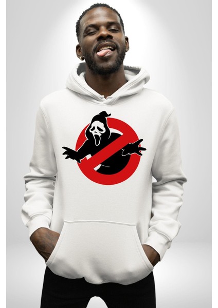 Hayalet Avcıları Korku Karakteri Çığlık Kadın Erkek Baskılı Üç Iplik Beyaz Kapüşonlu Hodie Sweatshirt