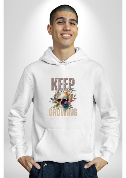 Büyümeye Devam Et Kurukafa Kadın Erkek Baskılı Üç Iplik Beyaz Kapüşonlu Hodie Sweatshirt fiyatları