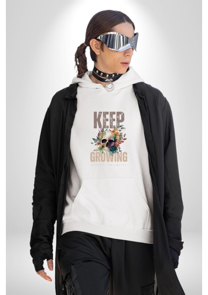 Büyümeye Devam Et Kurukafa Kadın Erkek Baskılı Üç Iplik Beyaz Kapüşonlu Hodie Sweatshirt fırsatları