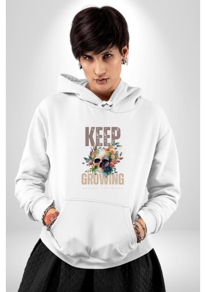 Büyümeye Devam Et Kurukafa Kadın Erkek Baskılı Üç Iplik Beyaz Kapüşonlu Hodie Sweatshirt indirimleri
