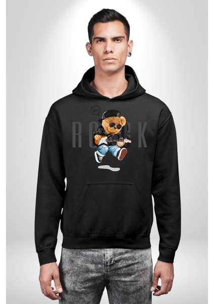 Rock Oyuncak Tatlı Ayı Kadın Erkek Baskılı Üç Iplik Siyah Kapüşonlu Hodie Sweatshirt fiyatları