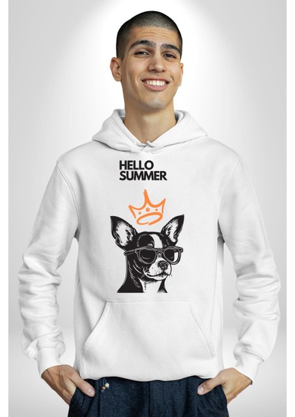 Chihuahua Köpek Merhaba Yaz Kadın Erkek Baskılı Üç Iplik Beyaz Kapüşonlu Hodie Sweatshirt