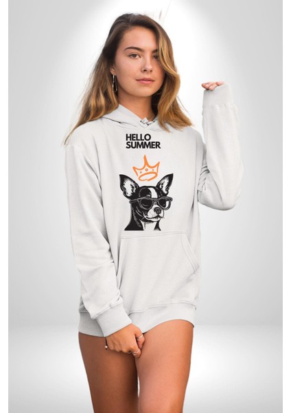 Chihuahua Köpek Merhaba Yaz Kadın Erkek Baskılı Üç Iplik Beyaz Kapüşonlu Hodie Sweatshirt fiyatları