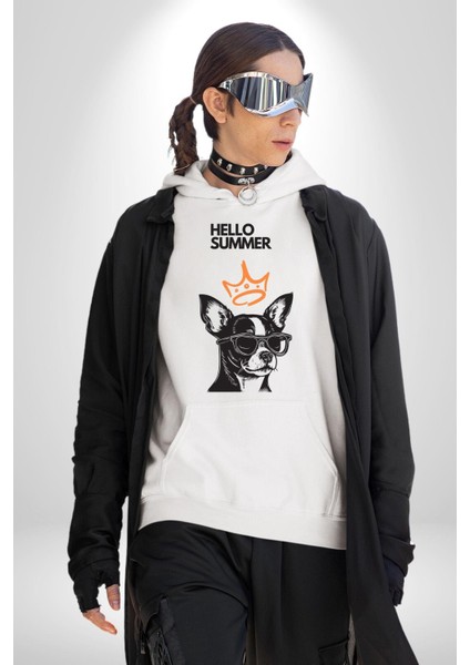 Chihuahua Köpek Merhaba Yaz Kadın Erkek Baskılı Üç Iplik Beyaz Kapüşonlu Hodie Sweatshirt modelleri