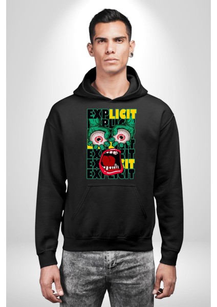 Çığlık Atan Gözler ve Ağız Kadın Erkek Baskılı Üç Iplik Siyah Kapüşonlu Hodie Sweatshirt fiyatları