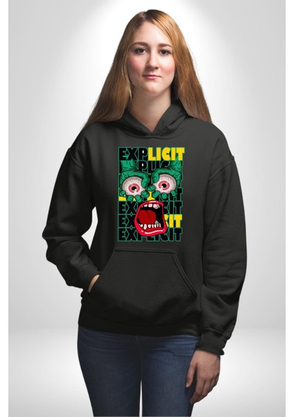 Çığlık Atan Gözler ve Ağız Kadın Erkek Baskılı Üç Iplik Siyah Kapüşonlu Hodie Sweatshirt modelleri