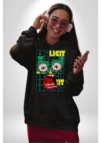 Çığlık Atan Gözler ve Ağız Kadın Erkek Baskılı Üç Iplik Siyah Kapüşonlu Hodie Sweatshirt fırsatları