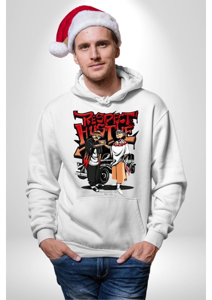 Saygı ve Birliktelik Sokak Kadın Erkek Baskılı Üç Iplik Beyaz Kapüşonlu Hodie Sweatshirt