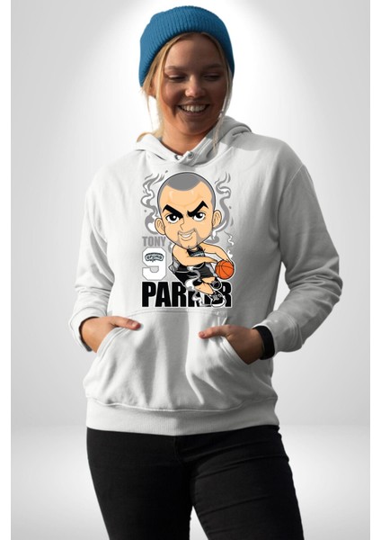 Tony Parker Basketbol Yıldızı Kadın Erkek Baskılı Üç Iplik Beyaz Kapüşonlu Hodie Sweatshirt