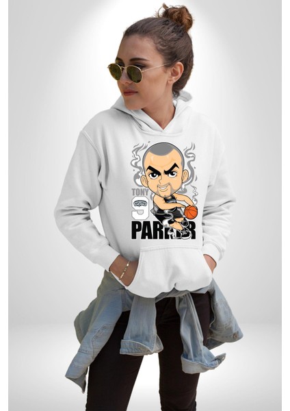 Tony Parker Basketbol Yıldızı Kadın Erkek Baskılı Üç Iplik Beyaz Kapüşonlu Hodie Sweatshirt