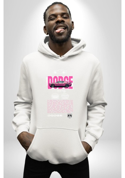 Amerikan Efsane Arabası Kadın Erkek Baskılı Üç Iplik Beyaz Kapüşonlu Hodie Sweatshirt