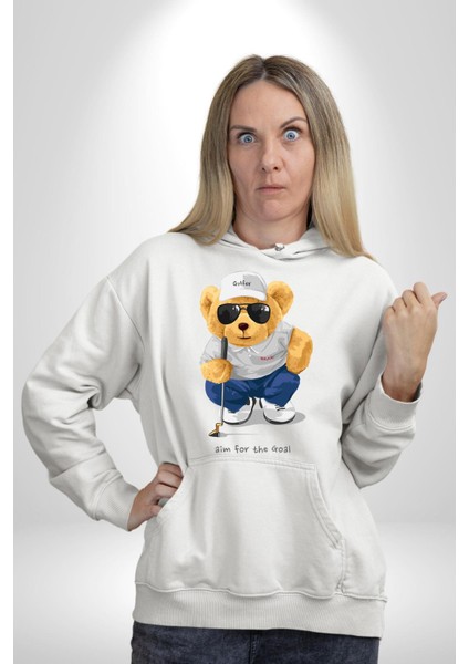 Hedefin Peşindeyim Golfçü Oyuncak Ayı Kadın Erkek Baskılı Üç Iplik Beyaz Kapüşonlu Hodie Sweatshirt