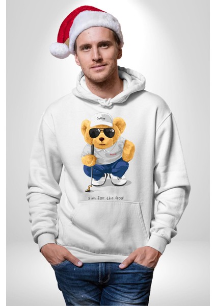 Hedefin Peşindeyim Golfçü Oyuncak Ayı Kadın Erkek Baskılı Üç Iplik Beyaz Kapüşonlu Hodie Sweatshirt fiyatları