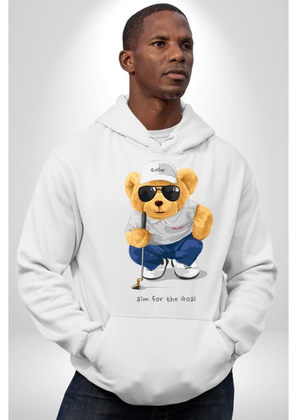 Hedefin Peşindeyim Golfçü Oyuncak Ayı Kadın Erkek Baskılı Üç Iplik Beyaz Kapüşonlu Hodie Sweatshirt fırsatları