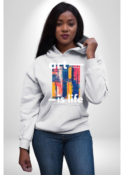 Sanat Hayattır Modern Art Kadın Erkek Baskılı Üç Iplik Beyaz Kapüşonlu Hodie Sweatshirt