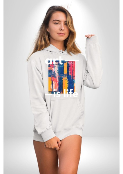 Sanat Hayattır Modern Art Kadın Erkek Baskılı Üç Iplik Beyaz Kapüşonlu Hodie Sweatshirt modelleri
