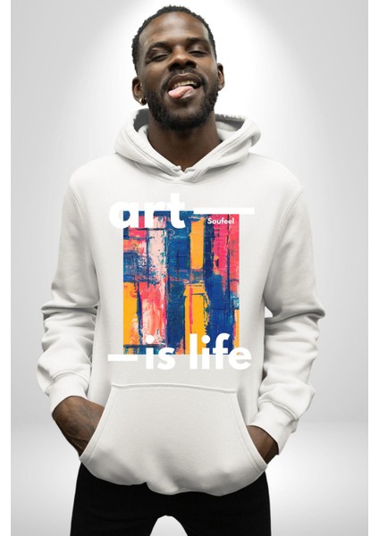 Sanat Hayattır Modern Art Kadın Erkek Baskılı Üç Iplik Beyaz Kapüşonlu Hodie Sweatshirt indirimleri