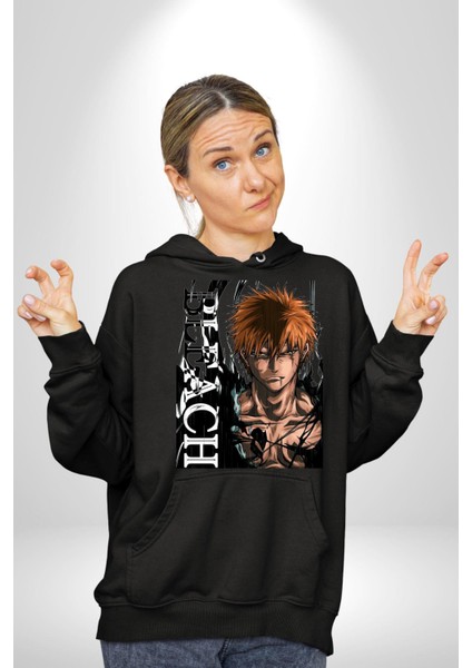 Bleach Ichıgo Kurosaki Anime Kadın Erkek Baskılı Üç Iplik Siyah Kapüşonlu Hodie Sweatshirt fırsatları
