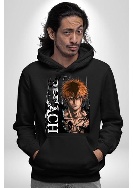 Bleach Ichıgo Kurosaki Anime Kadın Erkek Baskılı Üç Iplik Siyah Kapüşonlu Hodie Sweatshirt indirimleri