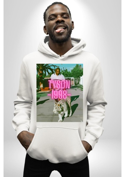 Mike Tyson Boks Efsanesi Kadın Erkek Baskılı Üç Iplik Beyaz Kapüşonlu Hodie Sweatshirt