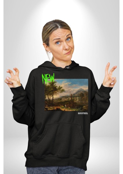 Yeni Antik Çağ Zamanları Kadın Erkek Baskılı Üç Iplik Siyah Kapüşonlu Hodie Sweatshirt