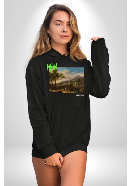 Yeni Antik Çağ Zamanları Kadın Erkek Baskılı Üç Iplik Siyah Kapüşonlu Hodie Sweatshirt fırsatları