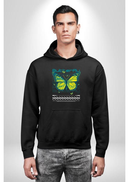 Kelebek Sokak Tarzı Kadın Erkek Baskılı Üç Iplik Siyah Kapüşonlu Hodie Sweatshirt modelleri