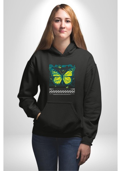 Kelebek Sokak Tarzı Kadın Erkek Baskılı Üç Iplik Siyah Kapüşonlu Hodie Sweatshirt fırsatları