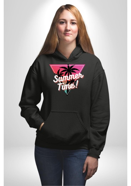 Yaz Zamanı Retro Palmiye Ağaçları Kadın Erkek Baskılı Üç Iplik Siyah Kapüşonlu Hodie Sweatshirt indirimleri