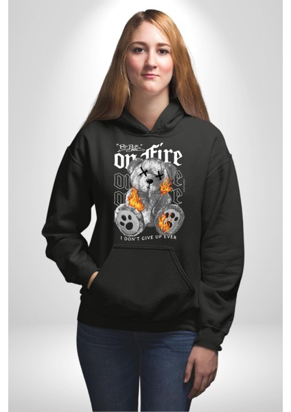 Hiçbir Zaman Vazgeçmedim Oyuncak Ayı Kadın Erkek Baskılı Üç Iplik Siyah Kapüşonlu Hodie Sweatshirt