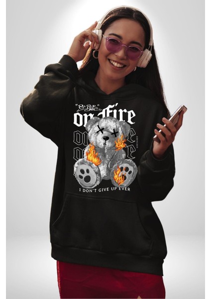 Hiçbir Zaman Vazgeçmedim Oyuncak Ayı Kadın Erkek Baskılı Üç Iplik Siyah Kapüşonlu Hodie Sweatshirt fiyatları