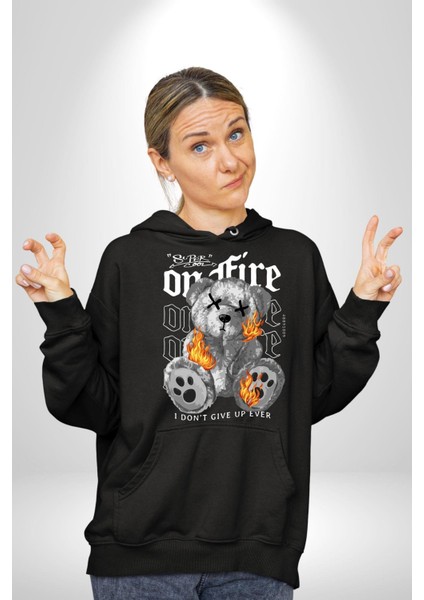 Hiçbir Zaman Vazgeçmedim Oyuncak Ayı Kadın Erkek Baskılı Üç Iplik Siyah Kapüşonlu Hodie Sweatshirt modelleri