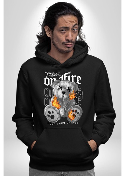Hiçbir Zaman Vazgeçmedim Oyuncak Ayı Kadın Erkek Baskılı Üç Iplik Siyah Kapüşonlu Hodie Sweatshirt fırsatları