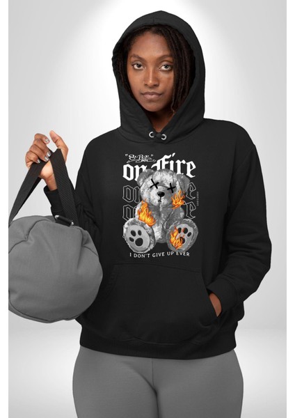 Hiçbir Zaman Vazgeçmedim Oyuncak Ayı Kadın Erkek Baskılı Üç Iplik Siyah Kapüşonlu Hodie Sweatshirt indirimleri
