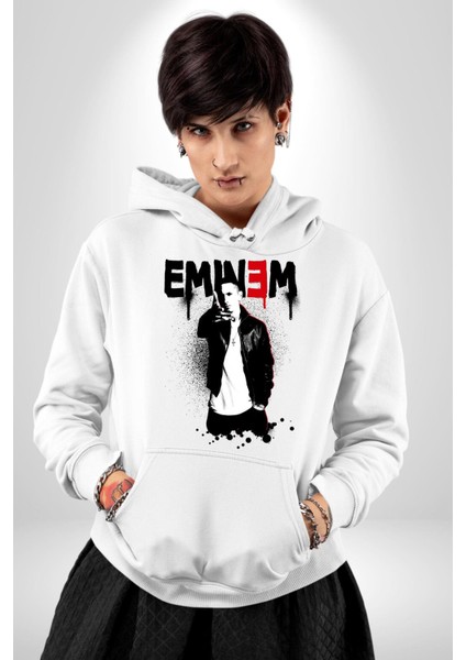 Eminem Rap Tanrısı Kadın Erkek Baskılı Üç Iplik Beyaz Kapüşonlu Hodie Sweatshirt