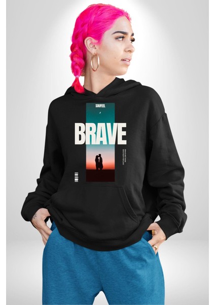 Cesur Aşıklar Night Vibe Kadın Erkek Baskılı Üç Iplik Siyah Kapüşonlu Hodie Sweatshirt modelleri