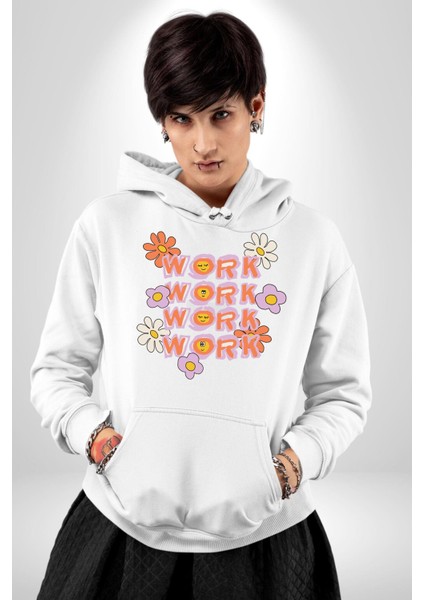Çalış Papatya Gülen Yüz Kadın Erkek Baskılı Üç Iplik Beyaz Kapüşonlu Hodie Sweatshirt