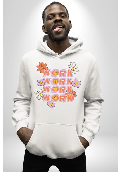 Çalış Papatya Gülen Yüz Kadın Erkek Baskılı Üç Iplik Beyaz Kapüşonlu Hodie Sweatshirt fiyatları