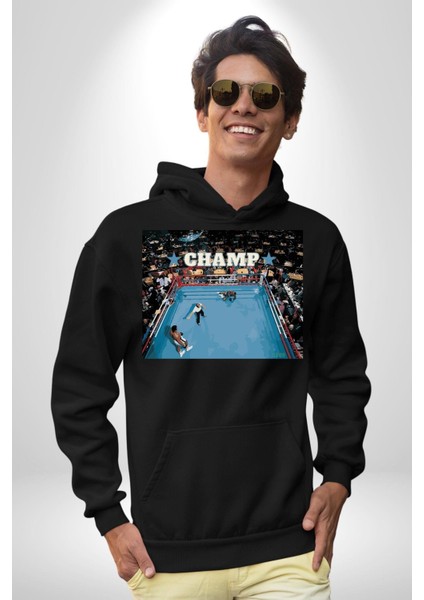 Boks Şampiyonu Muhammed Ali Kadın Erkek Baskılı Üç Iplik Siyah Kapüşonlu Hodie Sweatshirt fırsatları