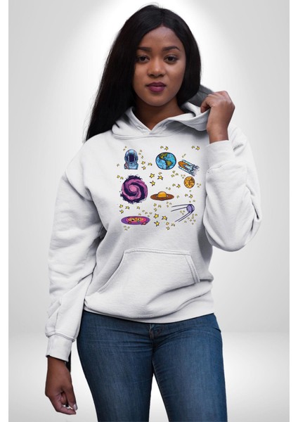 Uzay Evrensel Yıldızlar Gezegenler Kadın Erkek Baskılı Üç Iplik Beyaz Kapüşonlu Hodie Sweatshirt